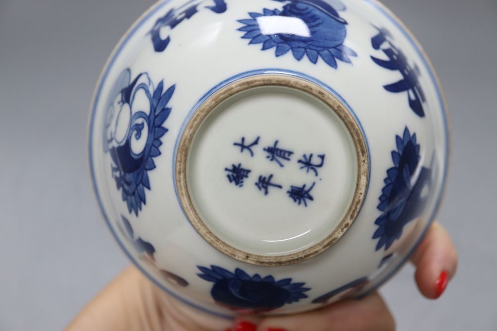 A Chinese blue and white bowl, guangxu mark but later, diameter 14cm